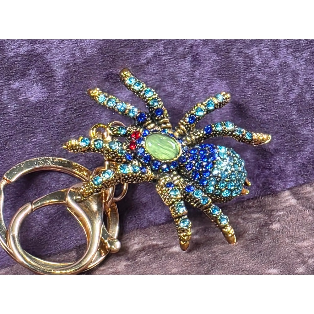 Spider Keychain Gold Tone Blue Rhinestones Jeweled Bug Purse Charm Bling - Picture 5 of 10